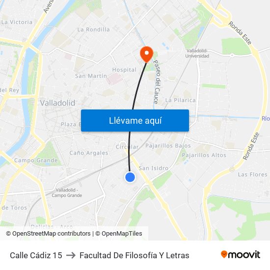 Calle Cádiz 15 to Facultad De Filosofía Y Letras map
