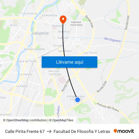 Calle Pirita Frente 67 to Facultad De Filosofía Y Letras map