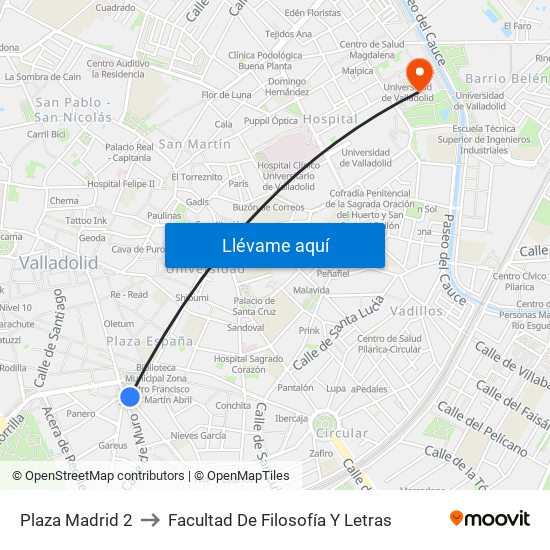 Plaza Madrid 2 to Facultad De Filosofía Y Letras map