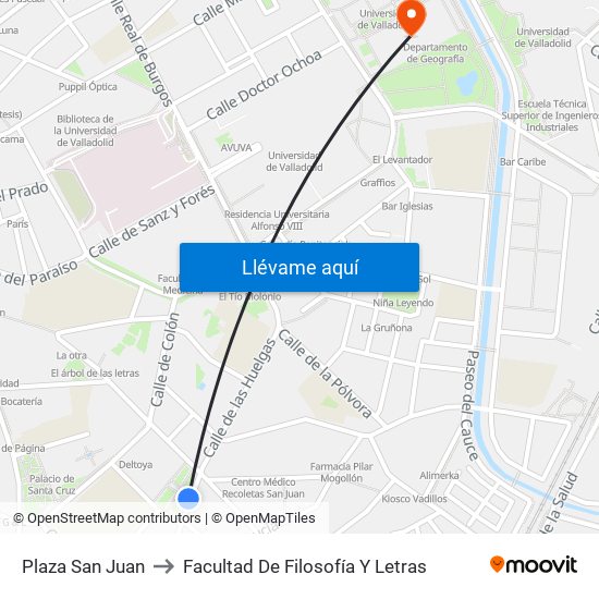 Plaza San Juan to Facultad De Filosofía Y Letras map
