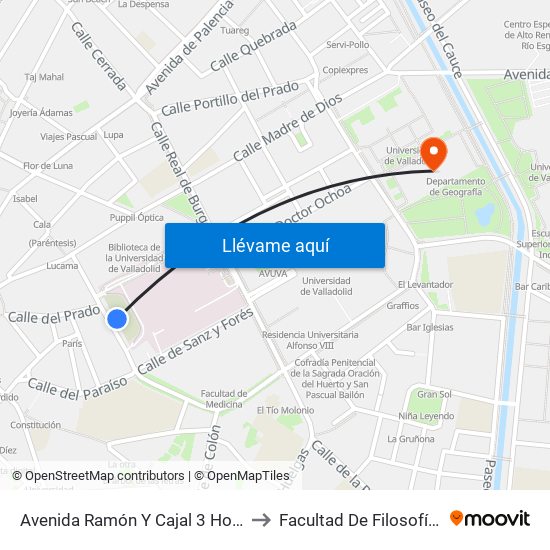 Avenida Ramón Y Cajal 3 Hospital Clínico to Facultad De Filosofía Y Letras map