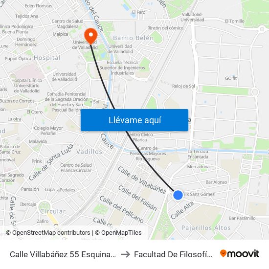 Calle Villabáñez 55 Esquina Golondrina to Facultad De Filosofía Y Letras map