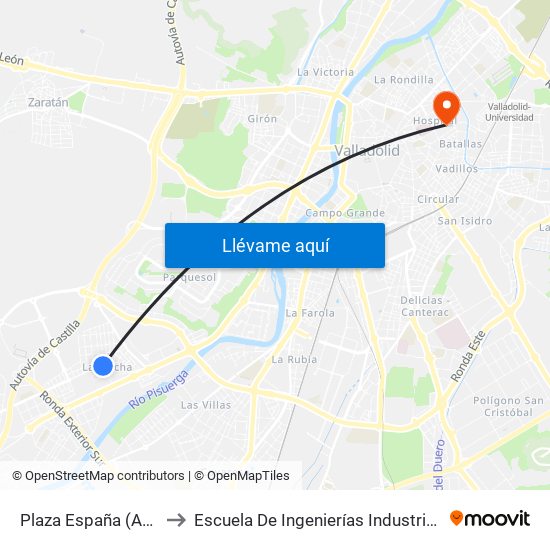 Plaza España (Ayuntamiento) to Escuela De Ingenierías Industriales (Sede Mergelina) map