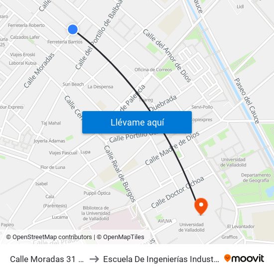 Calle Moradas 31 Esquina Nebrija to Escuela De Ingenierías Industriales (Sede Mergelina) map