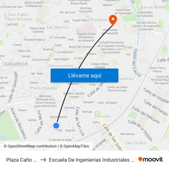 Plaza Caño Argales to Escuela De Ingenierías Industriales (Sede Mergelina) map