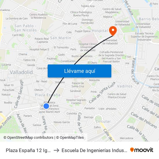 Plaza España 12 Iglesia Capuchinos to Escuela De Ingenierías Industriales (Sede Mergelina) map