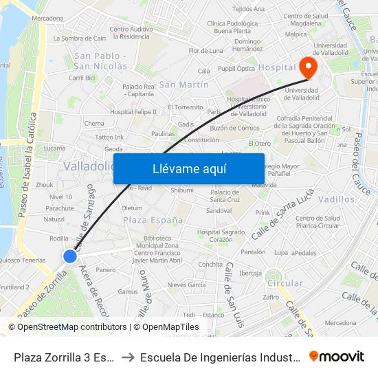 Plaza Zorrilla 3 Esquina Santiago to Escuela De Ingenierías Industriales (Sede Mergelina) map