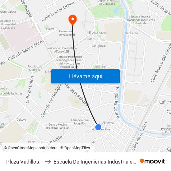 Plaza Vadillos Frente 5 to Escuela De Ingenierías Industriales (Sede Mergelina) map