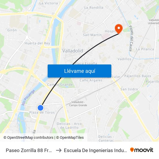 Paseo Zorrilla 88 Frente Plaza De Toros to Escuela De Ingenierías Industriales (Sede Mergelina) map
