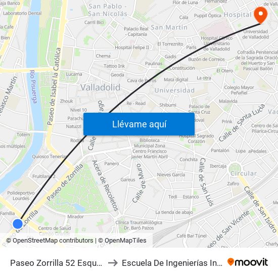 Paseo Zorrilla 52 Esquina Paseo Hospital Militar to Escuela De Ingenierías Industriales (Sede Mergelina) map