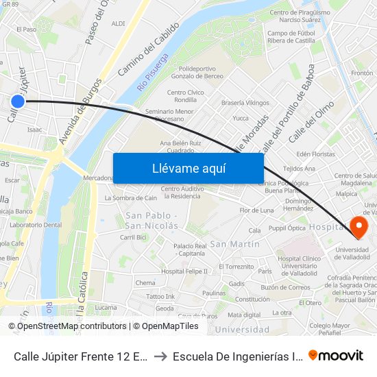 Calle Júpiter Frente 12  Esquina Comuneros De Castilla to Escuela De Ingenierías Industriales (Sede Mergelina) map