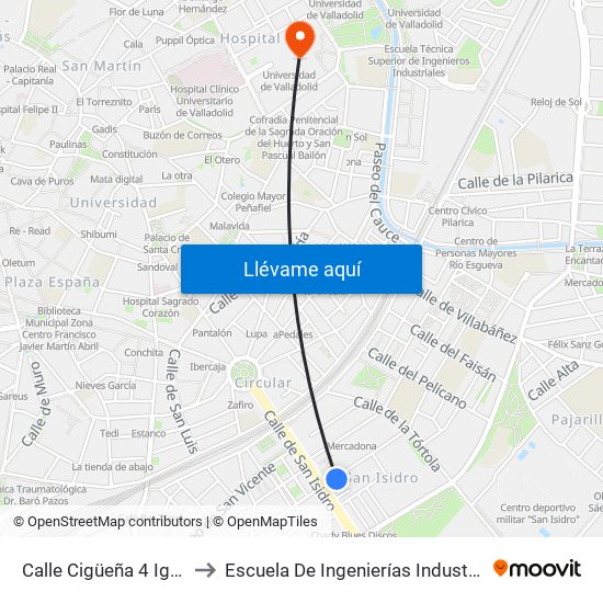Calle Cigüeña 4 Iglesia San Isidro to Escuela De Ingenierías Industriales (Sede Mergelina) map