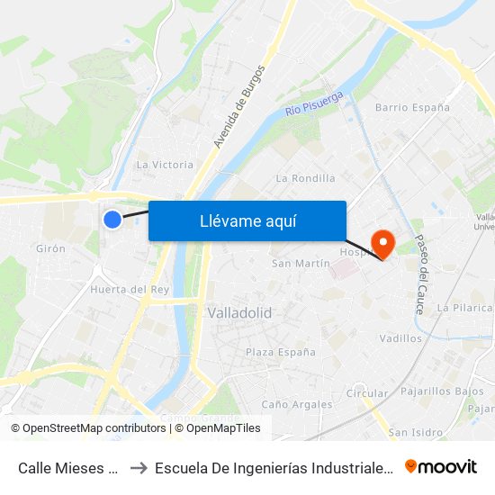 Calle Mieses Frente 16 to Escuela De Ingenierías Industriales (Sede Mergelina) map