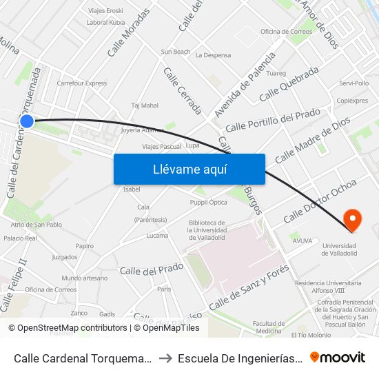 Calle Cardenal Torquemada Esquina Rondilla Santa Teresa to Escuela De Ingenierías Industriales (Sede Mergelina) map