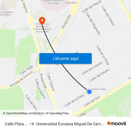 Calle Plata 43 to Universidad Europea Miguel De Cervantes map