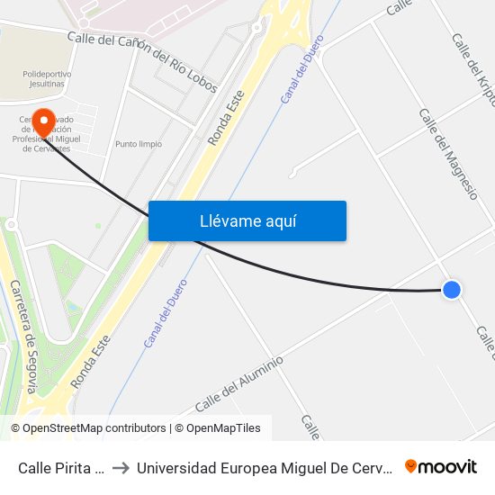 Calle Pirita 10 to Universidad Europea Miguel De Cervantes map