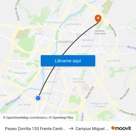 Paseo Zorrilla 153 Frente Centro Comercial to Campus Miguel Delibes map