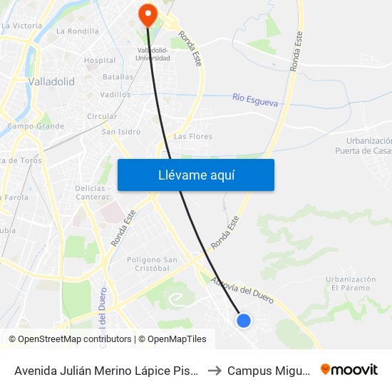 Avenida Julián Merino Lápice Piscinas Municipales to Campus Miguel Delibes map