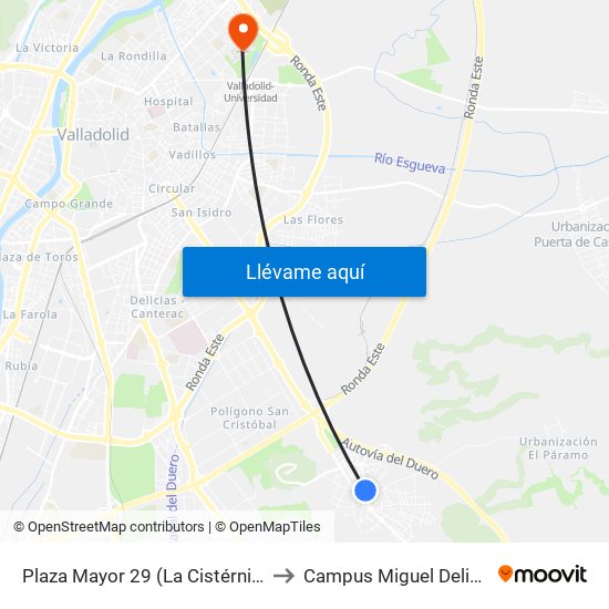 Plaza Mayor 29 (La Cistérniga) to Campus Miguel Delibes map