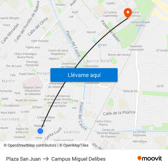 Plaza San Juan to Campus Miguel Delibes map