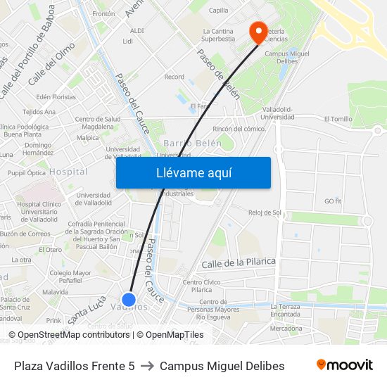 Plaza Vadillos Frente 5 to Campus Miguel Delibes map