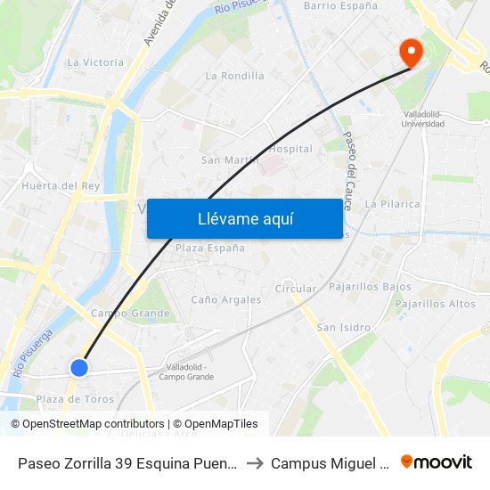 Paseo Zorrilla 39 Esquina Puente Colgante to Campus Miguel Delibes map