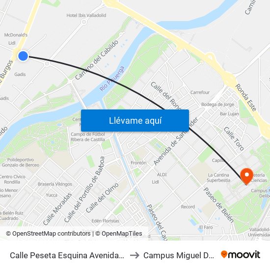 Calle Peseta Esquina Avenida Burgos to Campus Miguel Delibes map
