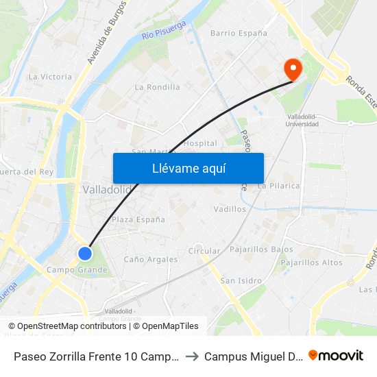 Paseo Zorrilla Frente 10 Campo Grande to Campus Miguel Delibes map