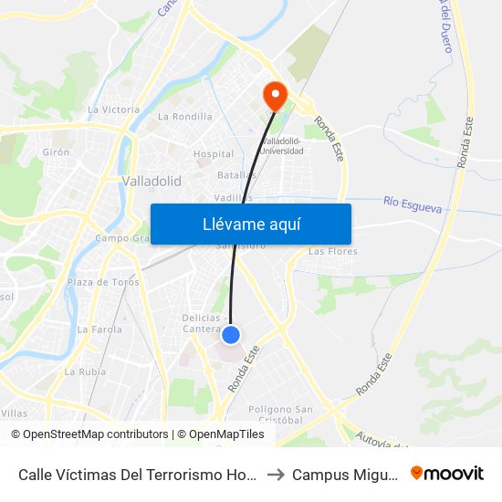 Calle Víctimas Del Terrorismo Hospital Río Hortega to Campus Miguel Delibes map