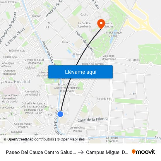 Paseo Del Cauce Centro Salud Pilarica to Campus Miguel Delibes map