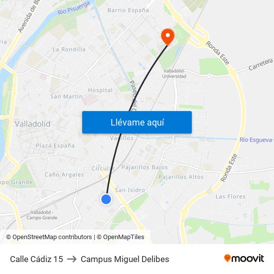 Calle Cádiz 15 to Campus Miguel Delibes map