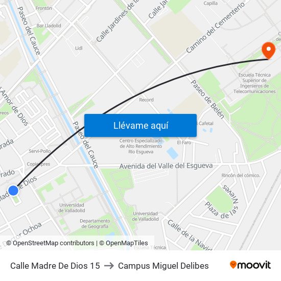 Calle Madre De Dios 15 to Campus Miguel Delibes map