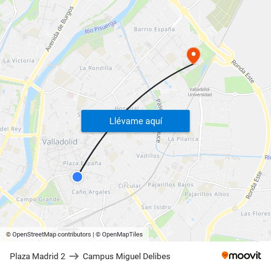 Plaza Madrid 2 to Campus Miguel Delibes map