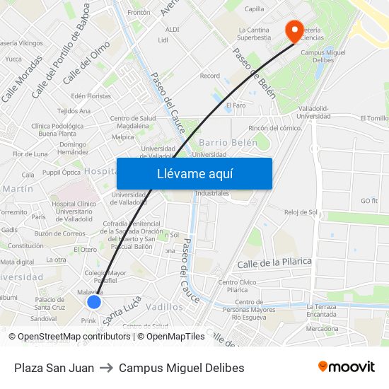 Plaza San Juan to Campus Miguel Delibes map