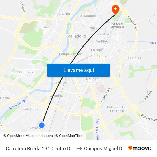 Carretera Rueda 131 Centro Deportivo to Campus Miguel Delibes map