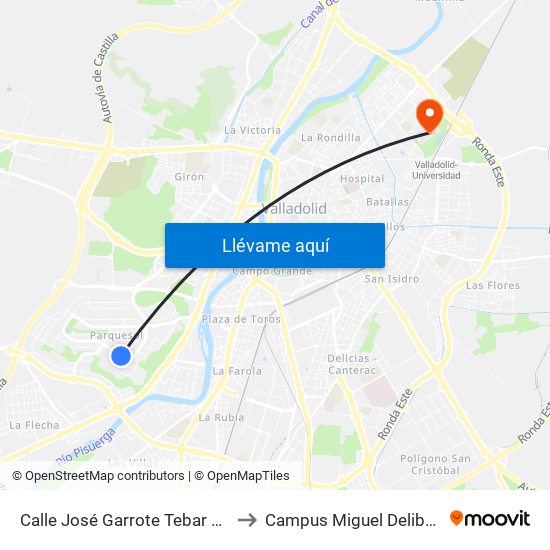 Calle José Garrote Tebar 21 to Campus Miguel Delibes map