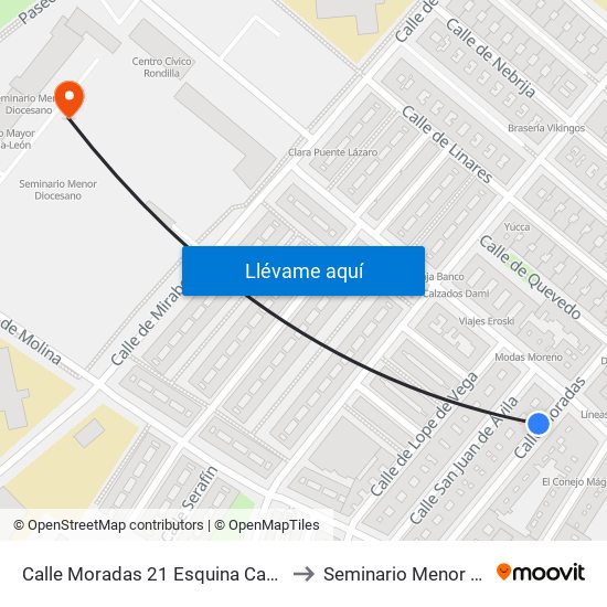 Calle Moradas 21 Esquina Cardenal Cisneros to Seminario Menor Diocesano map