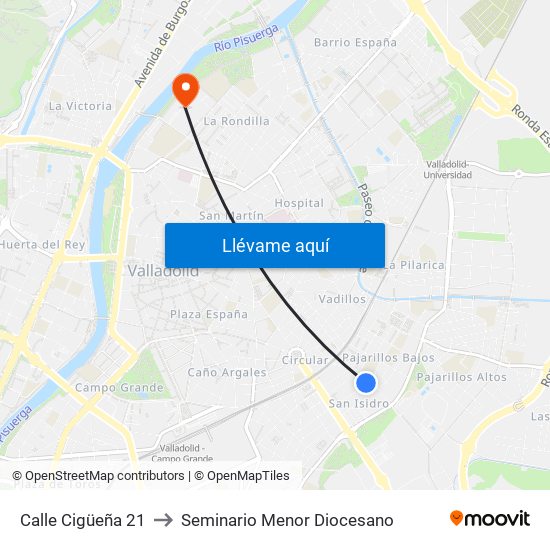 Calle Cigüeña 21 to Seminario Menor Diocesano map