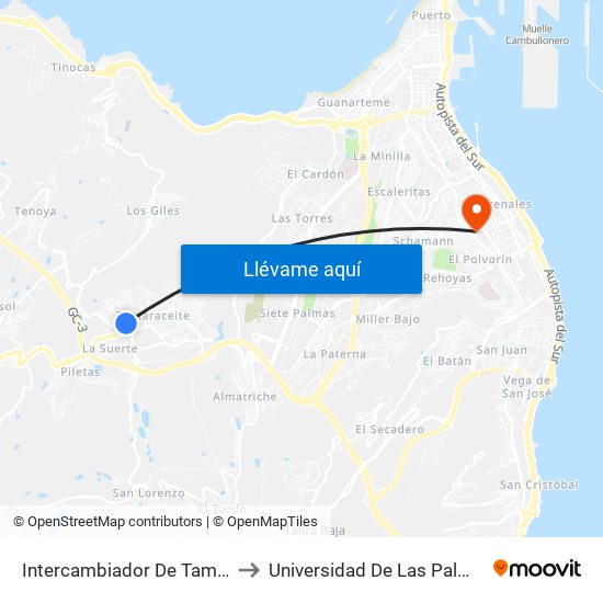 Intercambiador De Tamaraceite (Andén 2) to Universidad De Las Palmas De Gran Canaria map