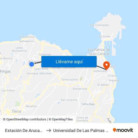 Estación De Arucas (Andén 1) to Universidad De Las Palmas De Gran Canaria map