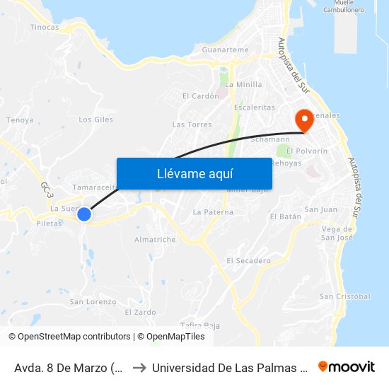 Avda. 8 De Marzo (C.C. Alisios) to Universidad De Las Palmas De Gran Canaria map