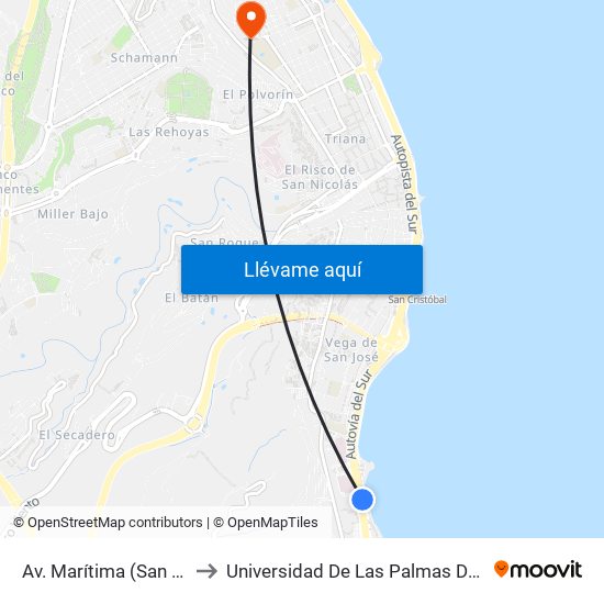 Av. Marítima (San Cristóbal) to Universidad De Las Palmas De Gran Canaria map