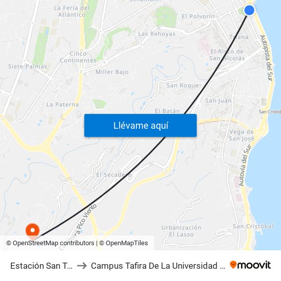 Estación San Telmo (Andén 8) to Campus Tafira De La Universidad De Las Palmas De Gran Canaria map