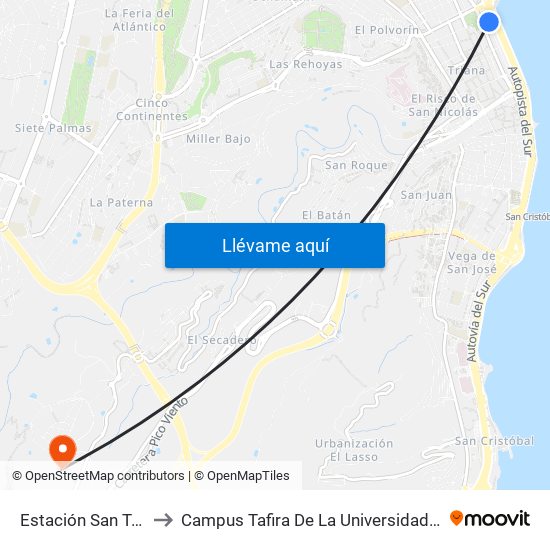 Estación San Telmo (Andén 13) to Campus Tafira De La Universidad De Las Palmas De Gran Canaria map