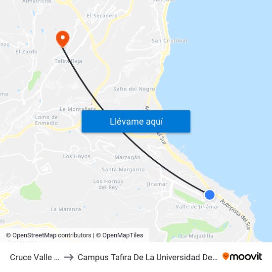 Cruce Valle De Jinamar to Campus Tafira De La Universidad De Las Palmas De Gran Canaria map