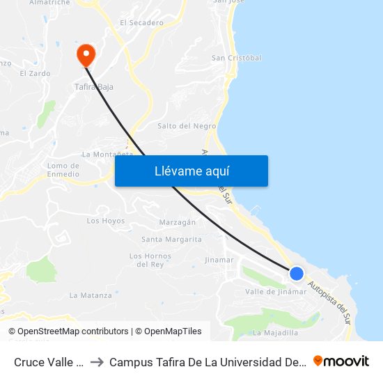 Cruce Valle De Jinamar to Campus Tafira De La Universidad De Las Palmas De Gran Canaria map