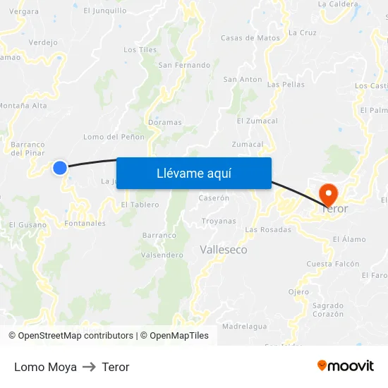 Lomo Moya to Teror map