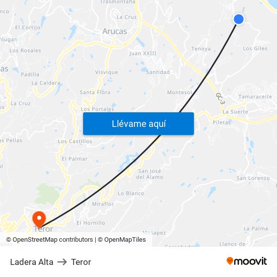 Ladera Alta to Teror map