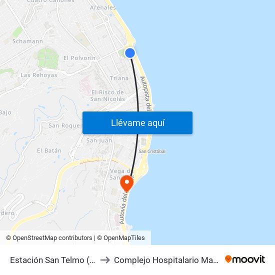 Estación San Telmo (Andén 10) to Complejo Hospitalario Materno-Insular map