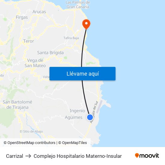 Carrizal to Complejo Hospitalario Materno-Insular map